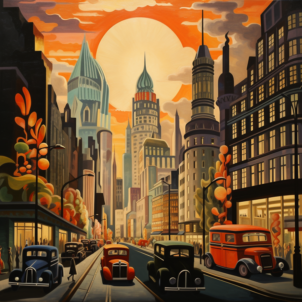 Art deco painting of London landmarks