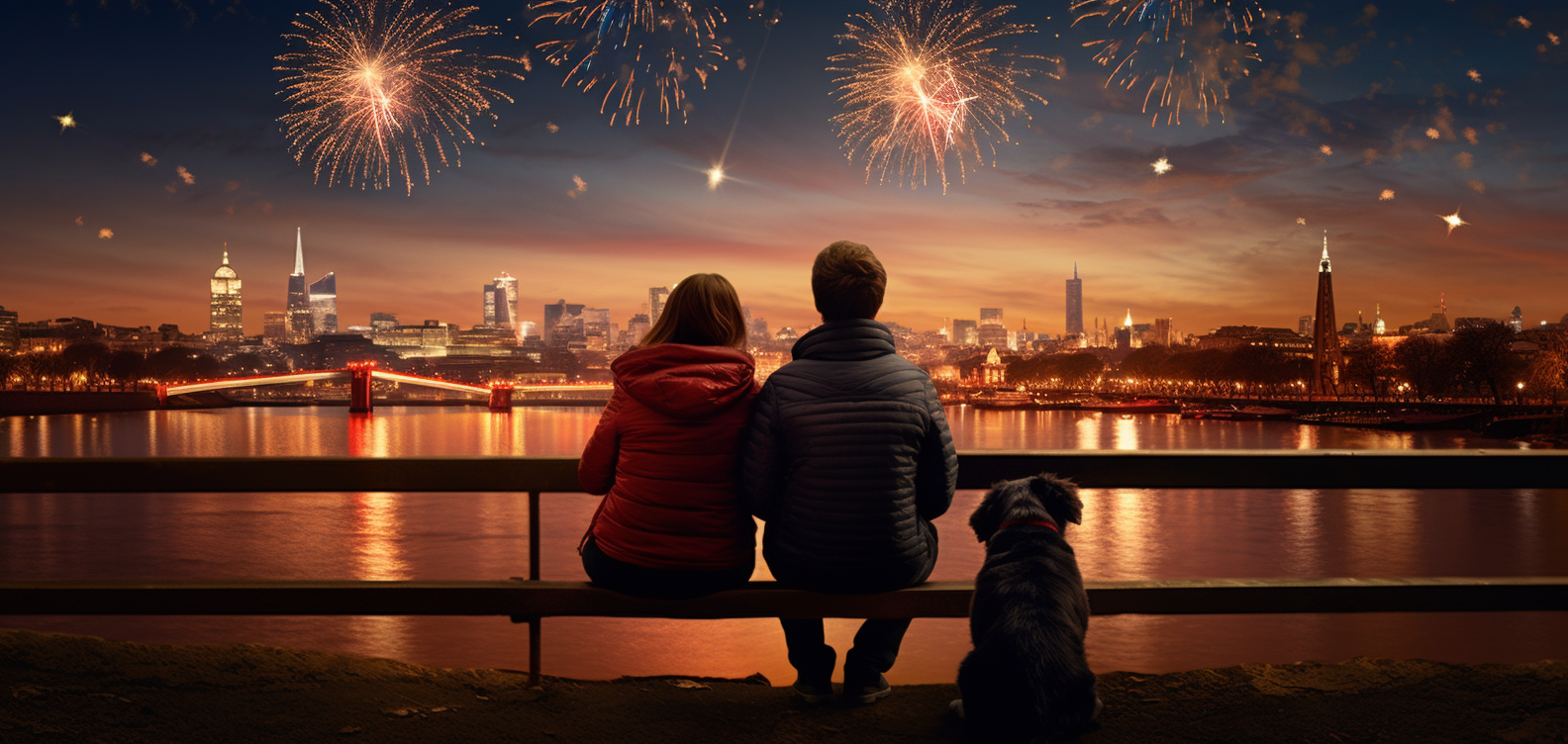 Family watching London New Year fireworks