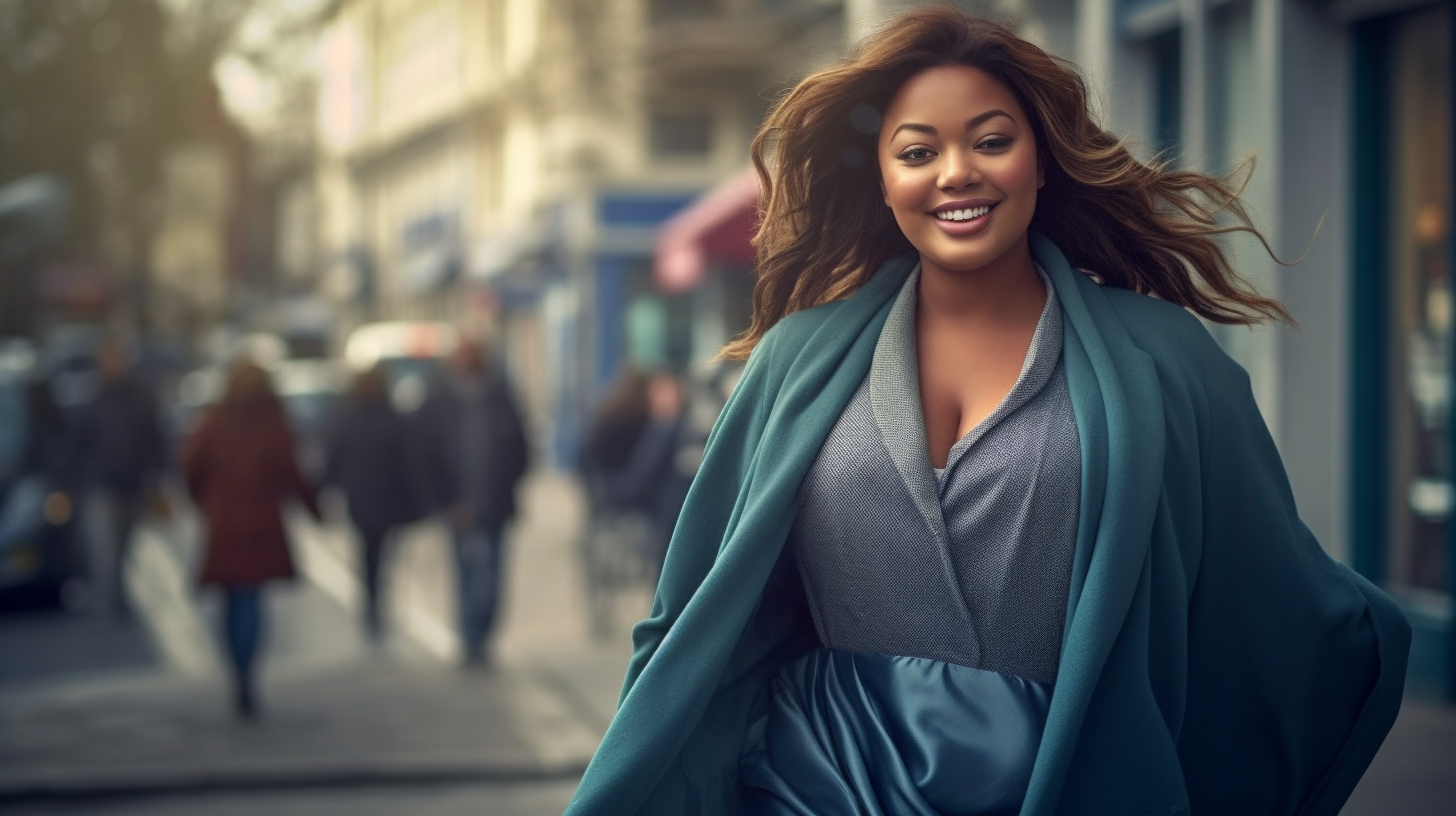 Smiling plus size model in elegant London street fashion