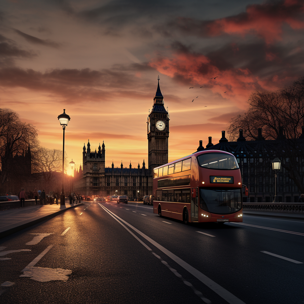 Tour bus with Big Ben at sunset