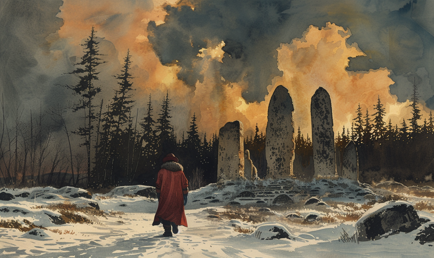 Lone explorer in red coat amidst snow and ancient ruins