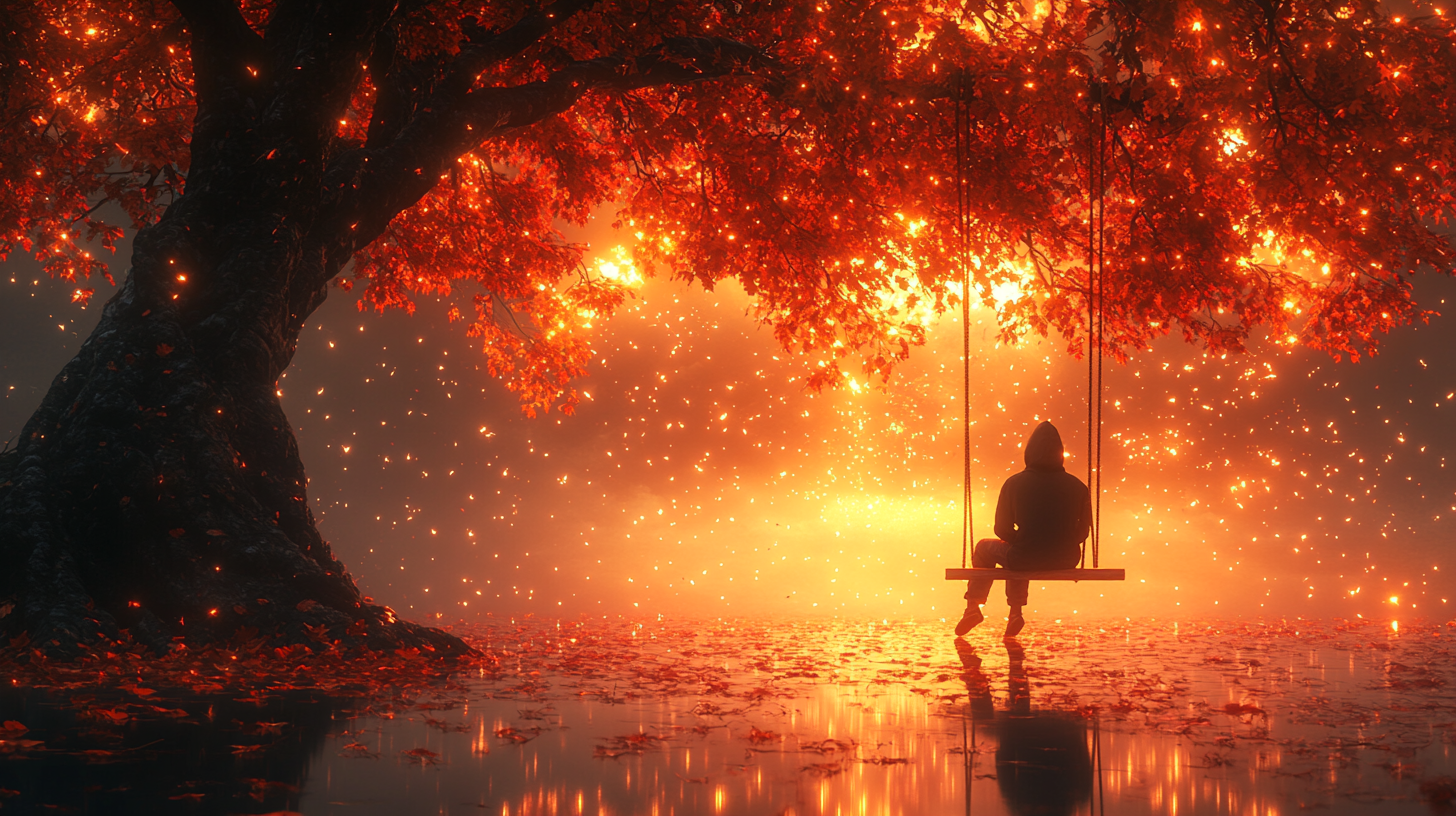 lone person on swing under tree with umbrella