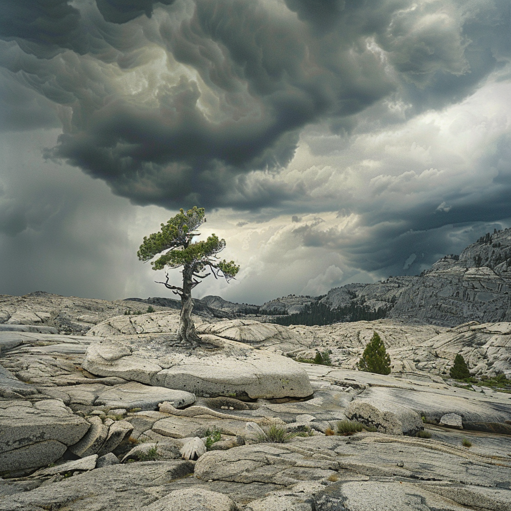 Lone tree in stormy wilderness