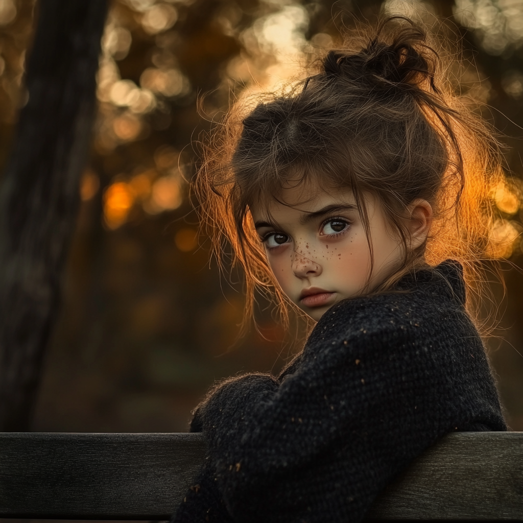 lonely 11 year old girl, messy hair, park bench, sunset, fall, tall trees