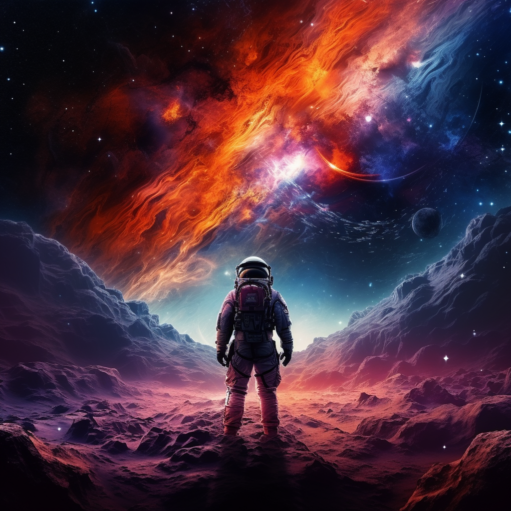 Astronaut surrounded by colorful space nebulas