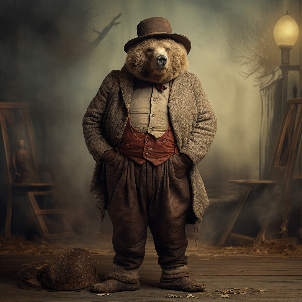 Sad bear wearing a hat and looking at camera