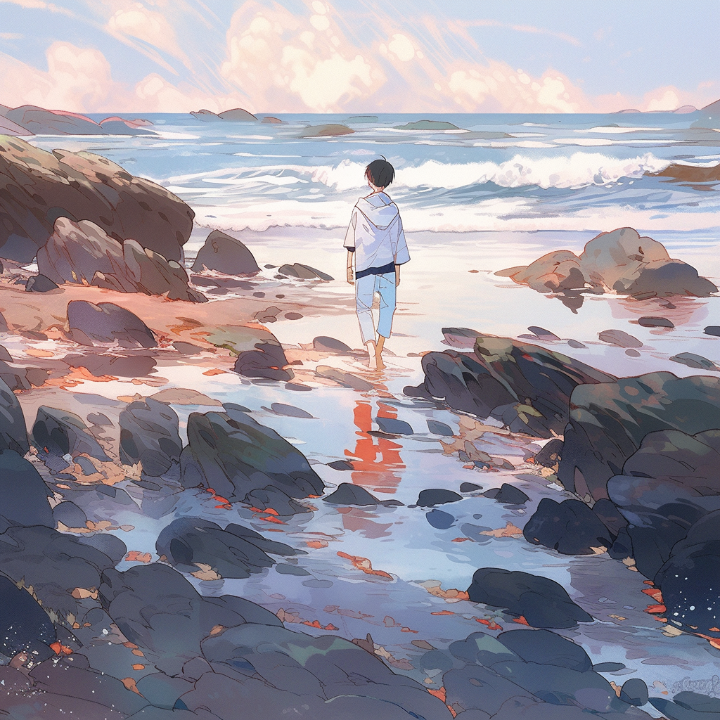 Lonely boy standing on beach