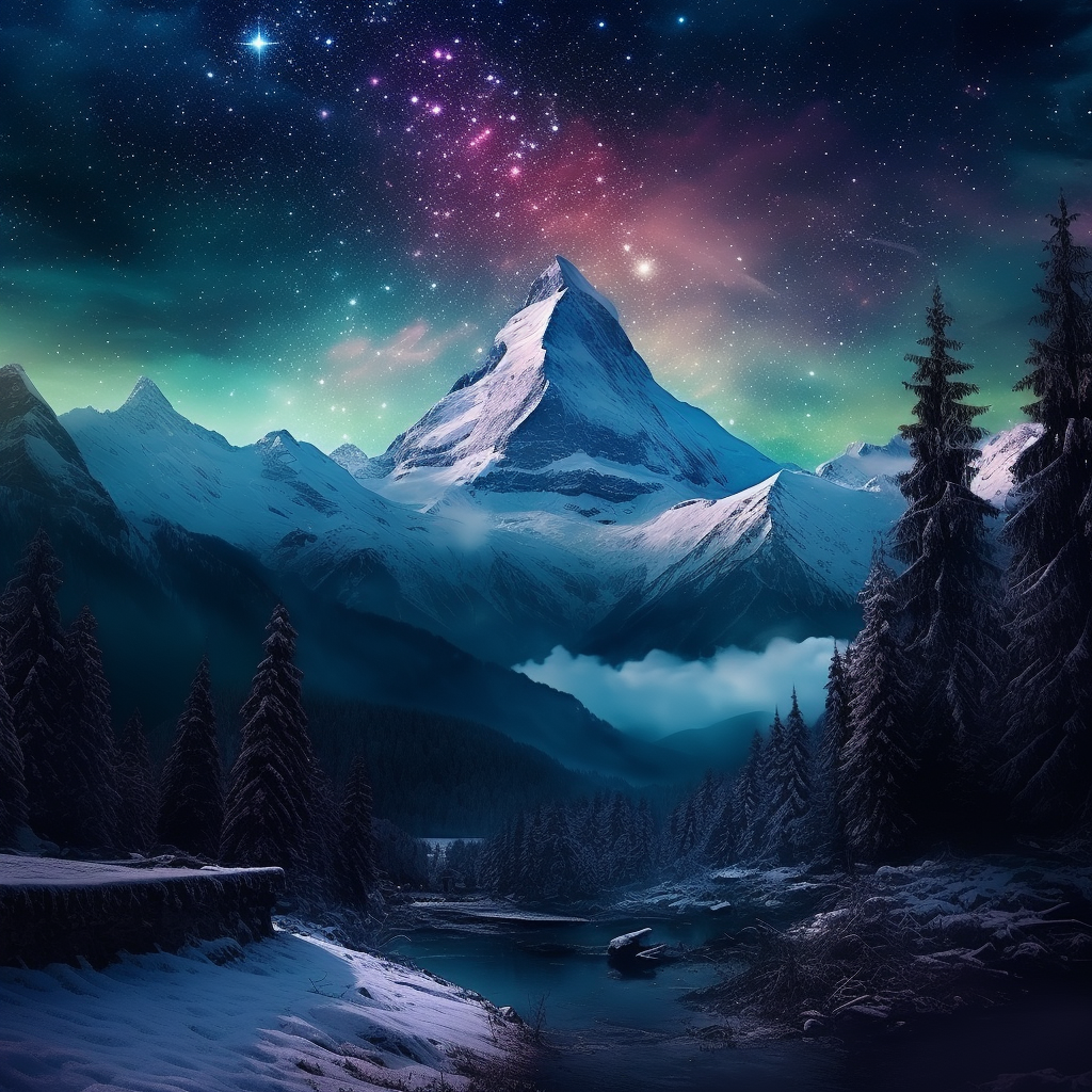 Majestic snowy mountain with dark forest