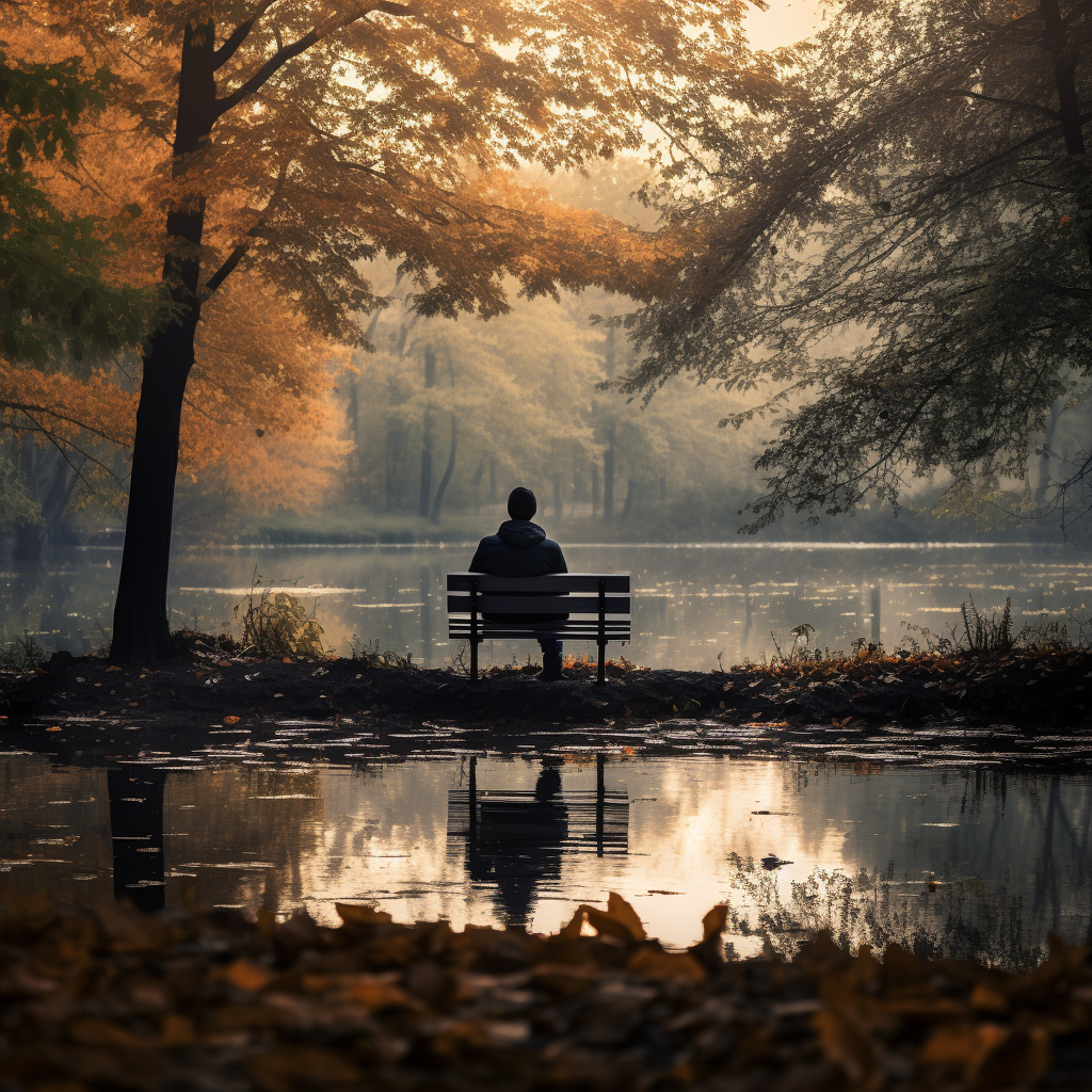 A lonely guy sitting on a park bench by the pond