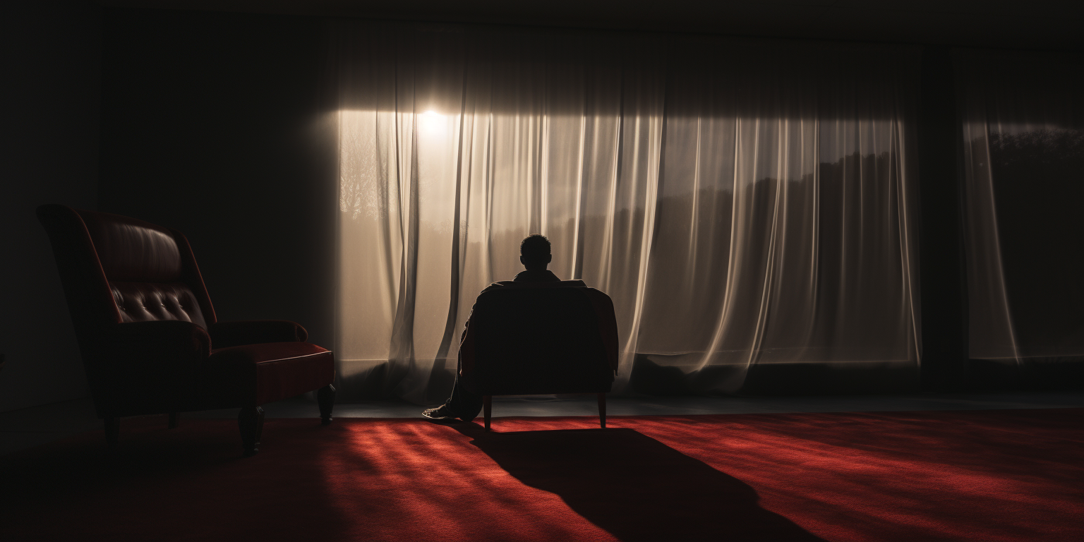 Lonely man sitting in sunlit living room