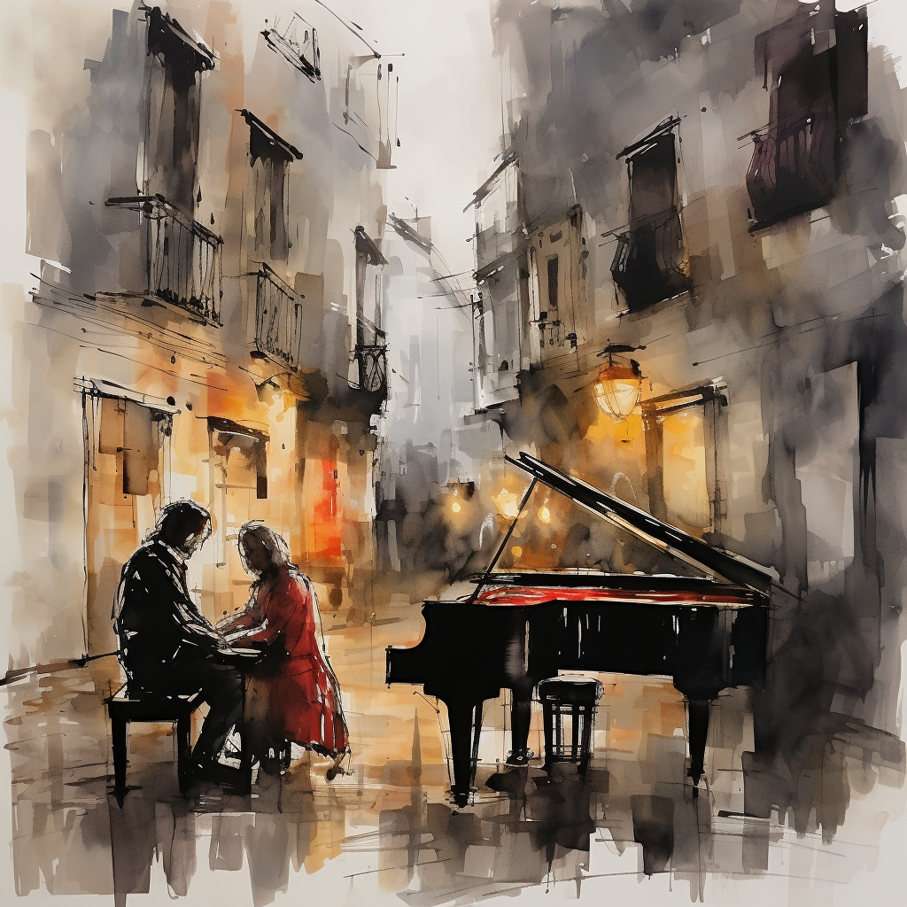 Abstract painting of people playing piano under street lights