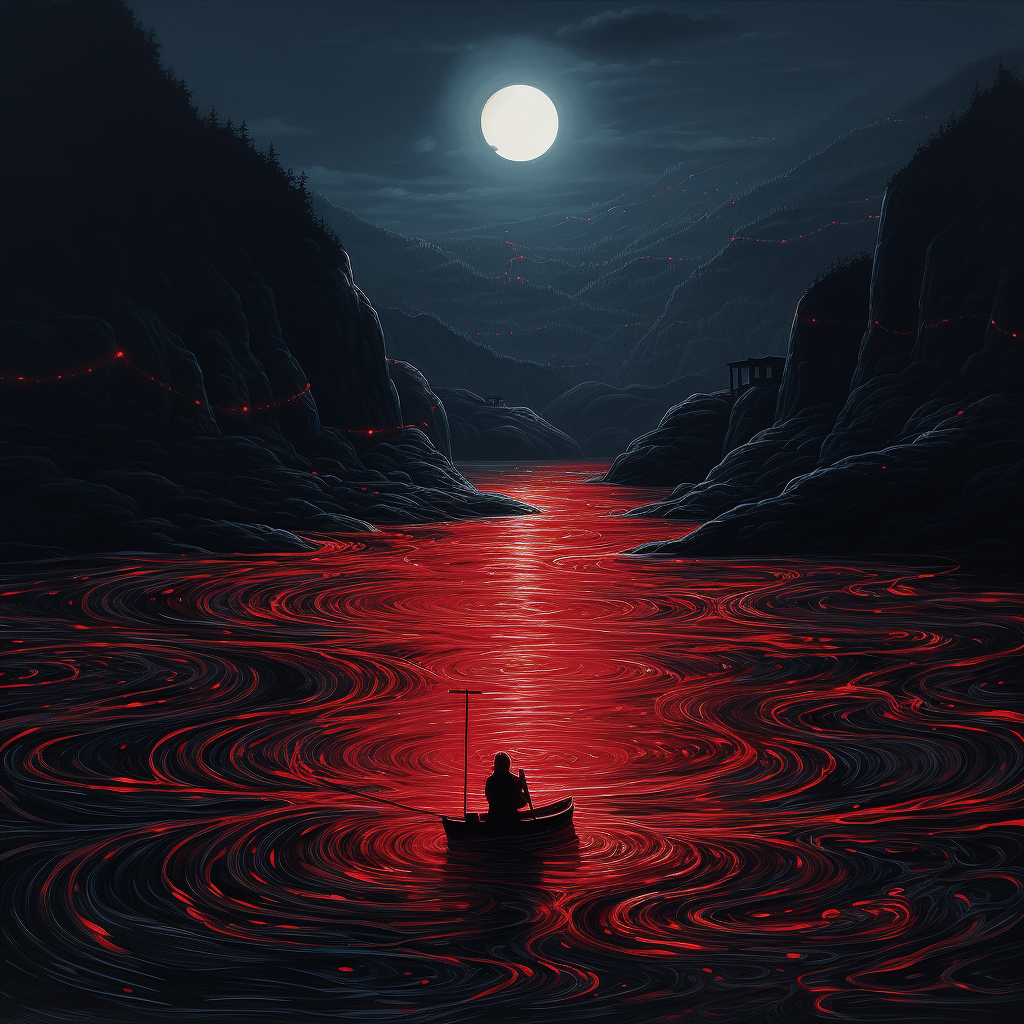 Lonely red string drifting on large river at night