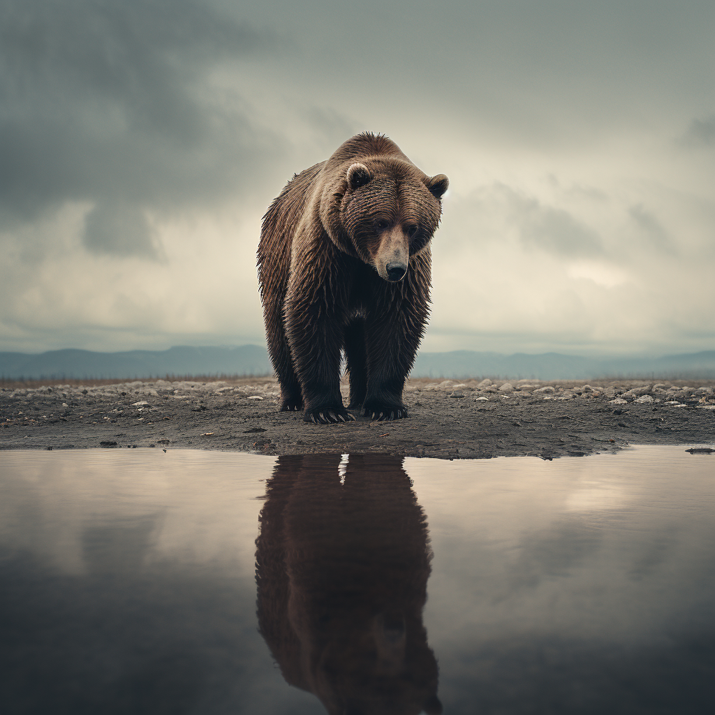 Lonely sad bear standing on feet and gazing