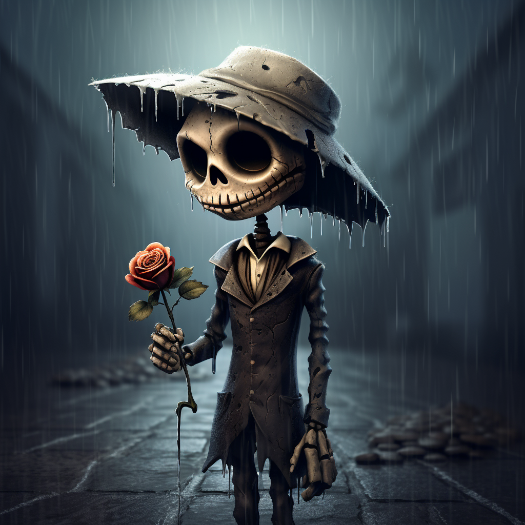 Lonely skeleton holding a black rose