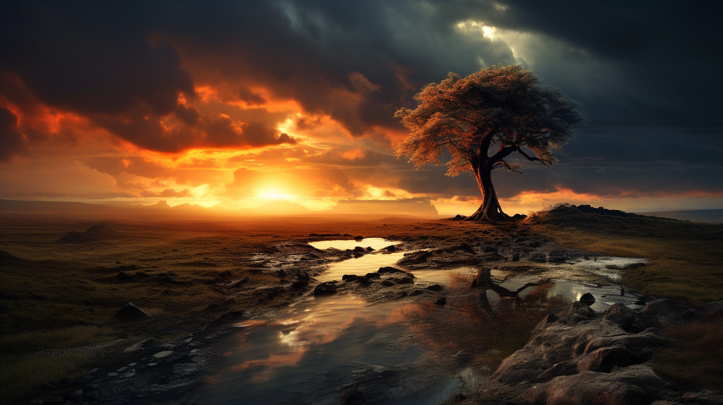 Lonely tree at sunset with dramatic clouds