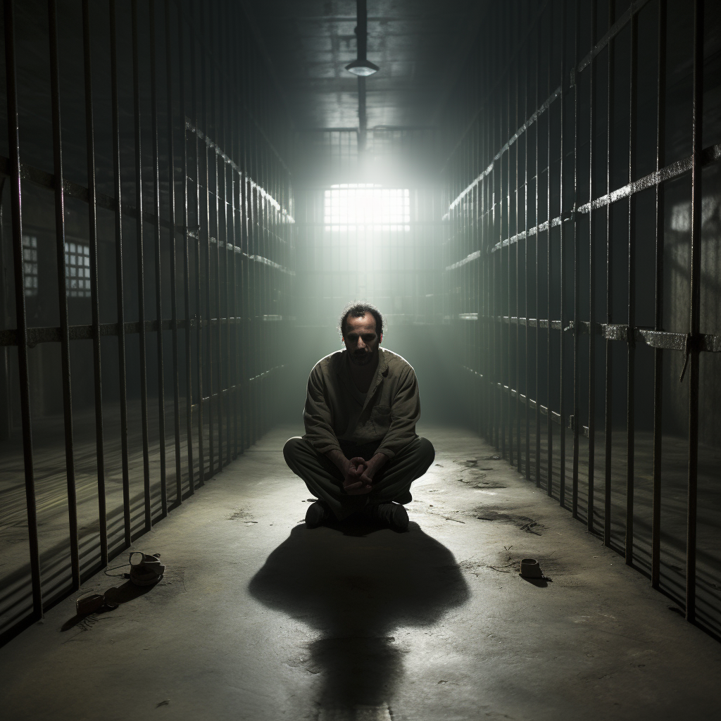 A man in his 40s sitting alone in a big prison