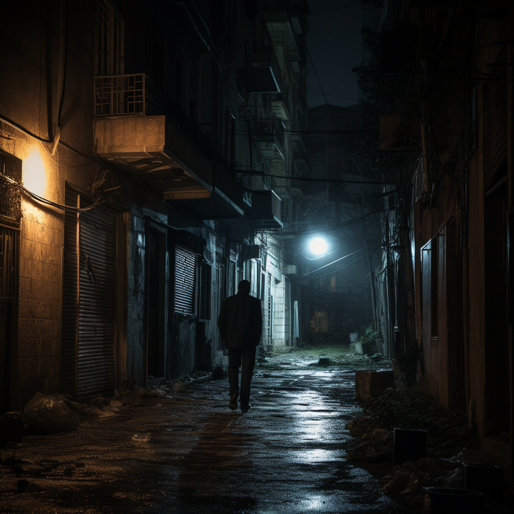 Lonely man walking in poor neighborhood at night