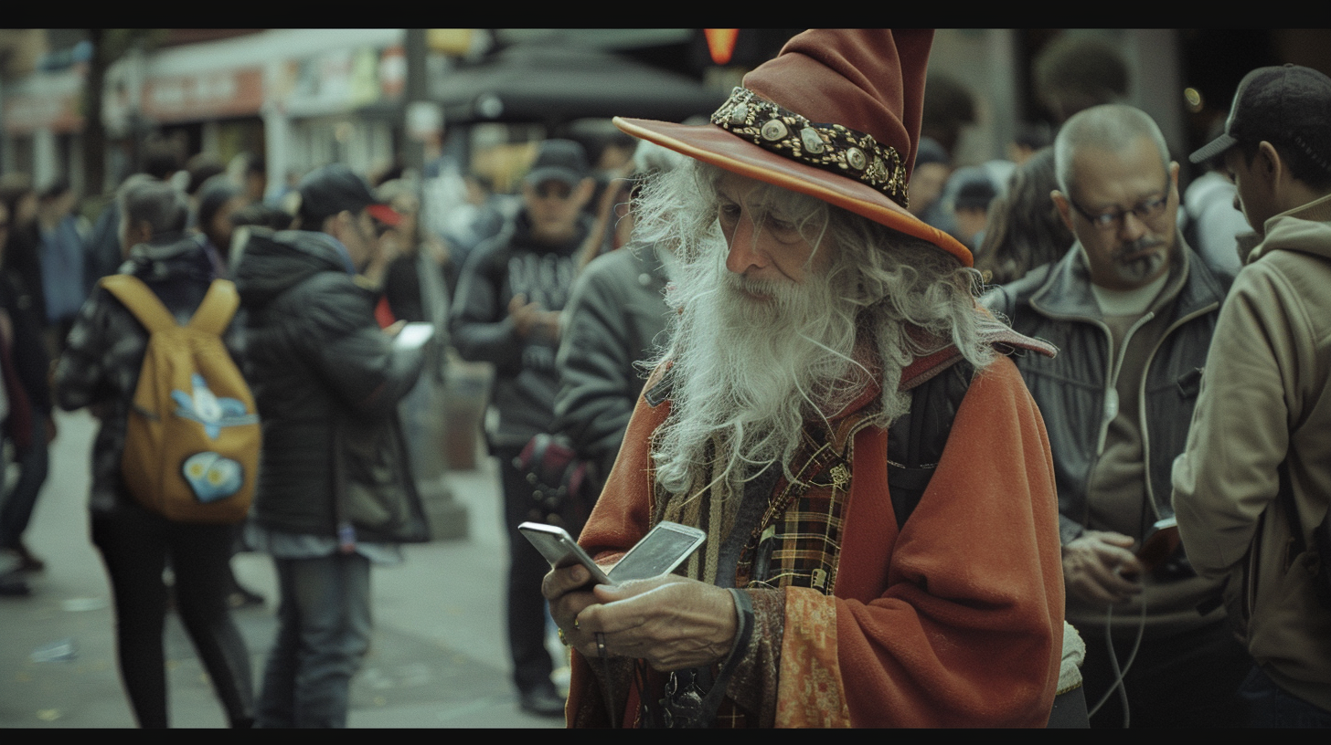 Sad Wizard Surrounded by People on Phones