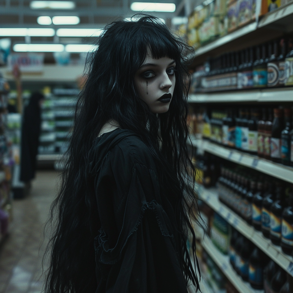 Goth Girl Shopping in Dark Supermarket