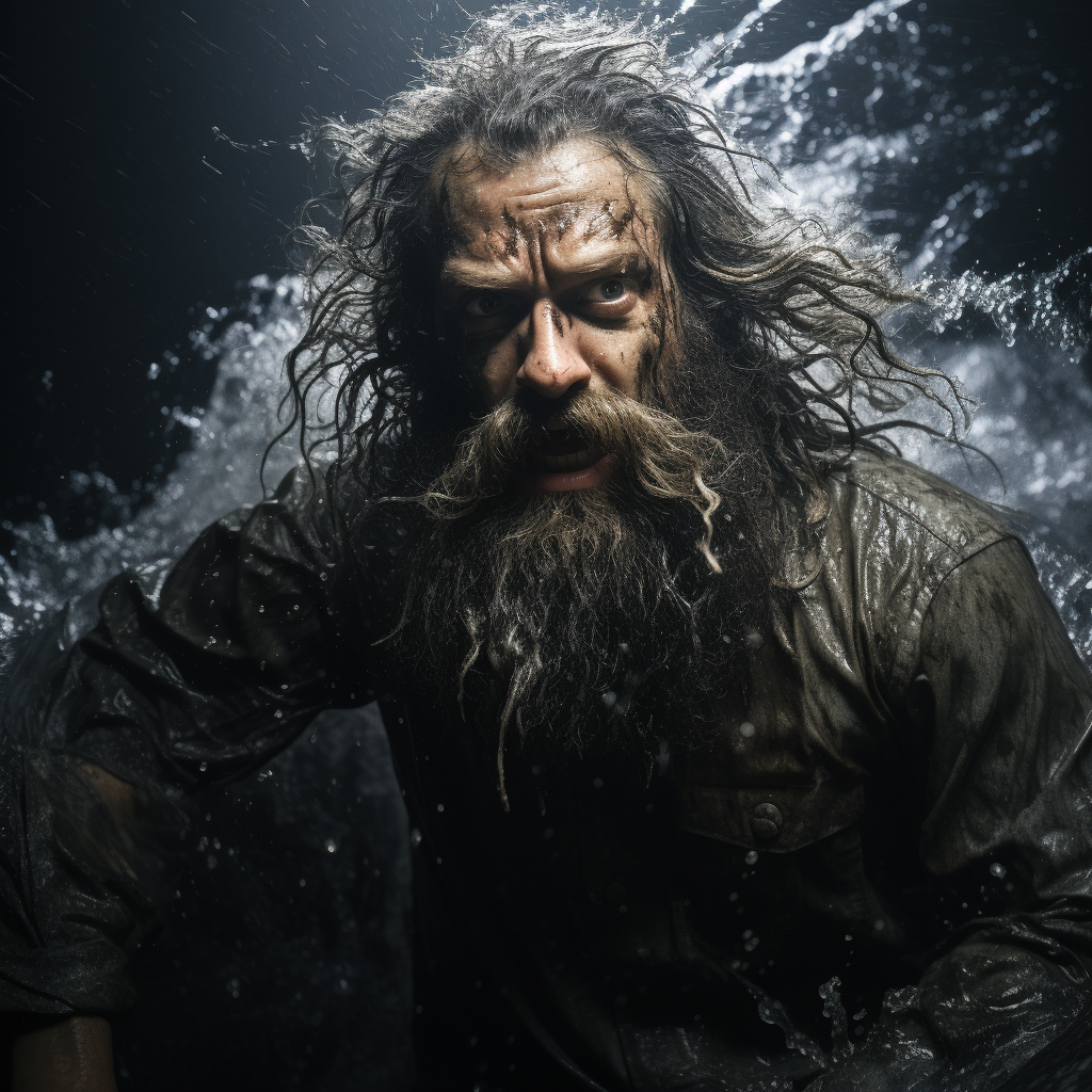 Man with long beard in raging sea