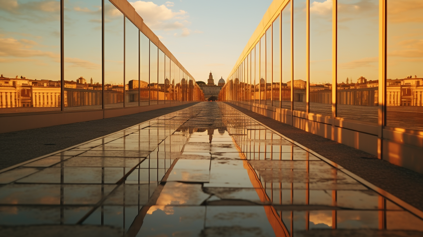 Sunset reflections on contemporary catwalk in Rome