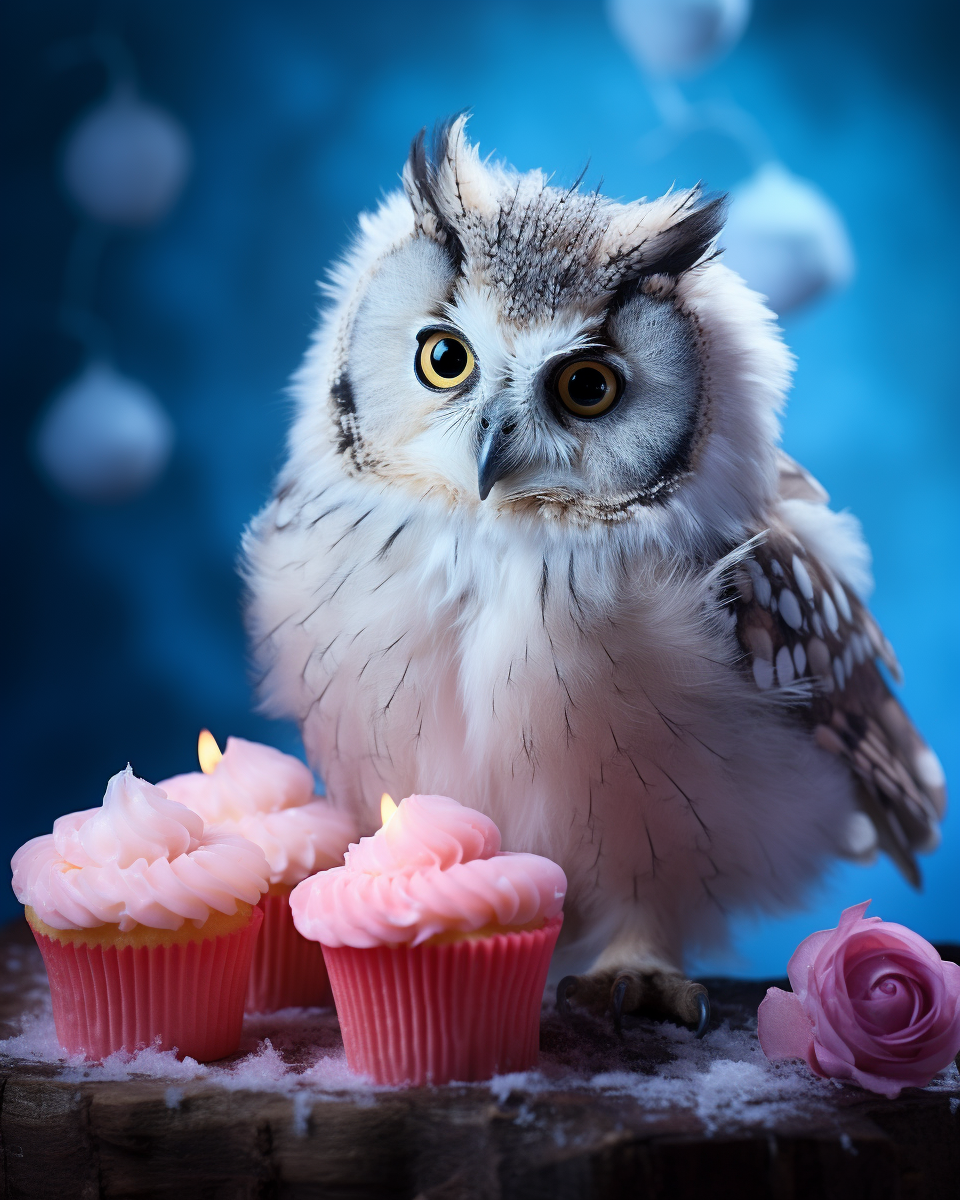 Long-eared owl with frost-covered cupcake