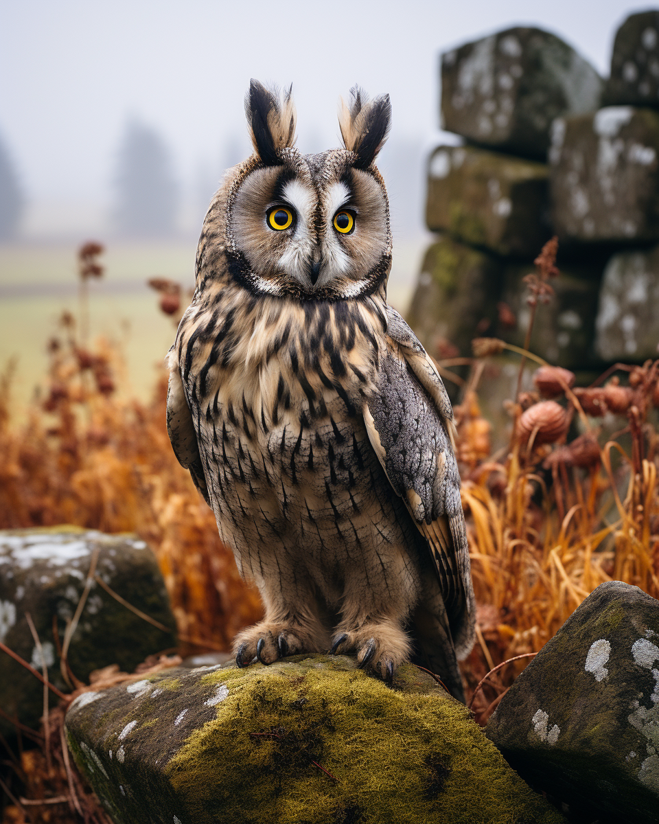 Majestic long-eared owl surrounded by sheep and stone wall