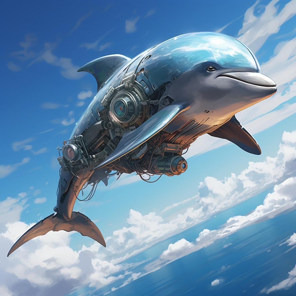 Elegant long-finned dolphin soaring in futuristic sky