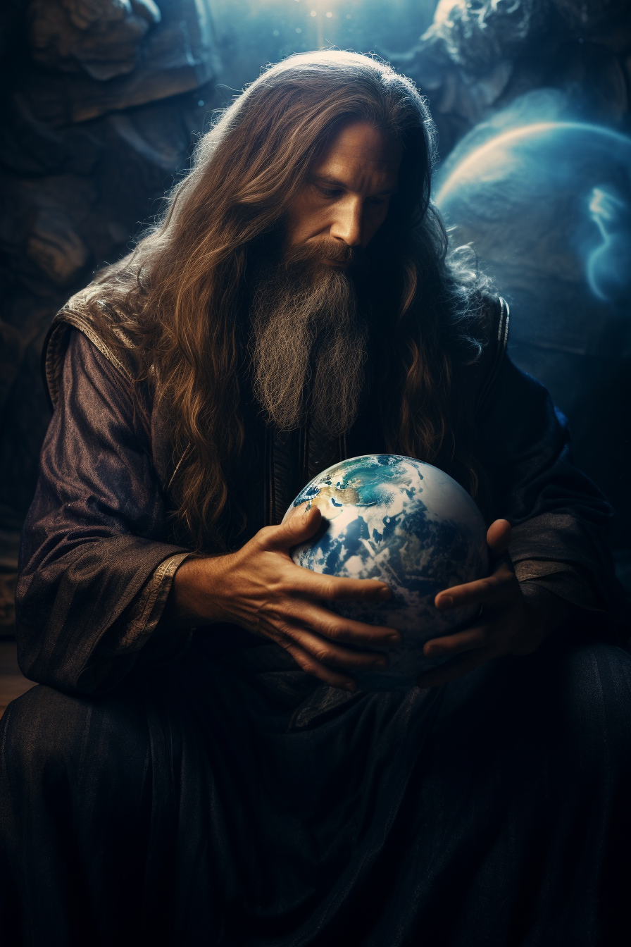 Long-haired Bearded Man Creating Second Earth