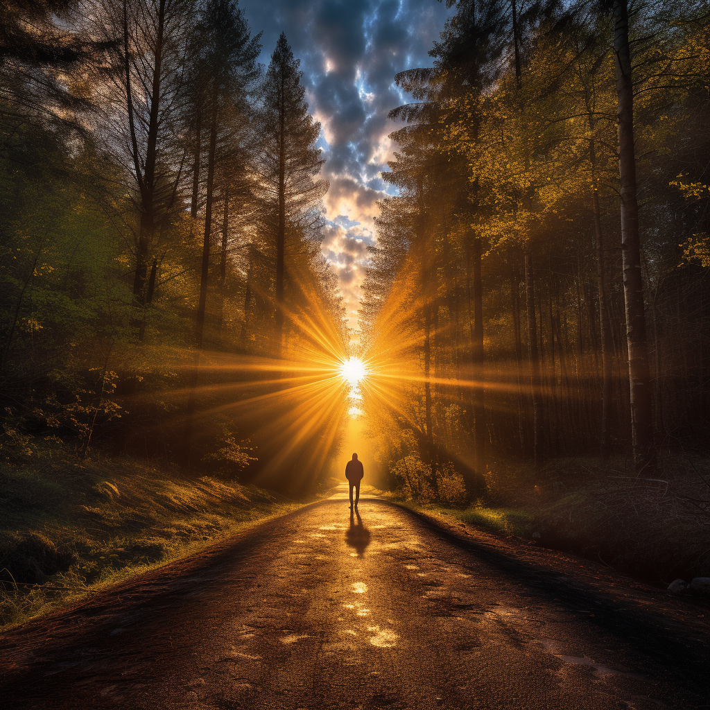 Man walking in forest under bright sun