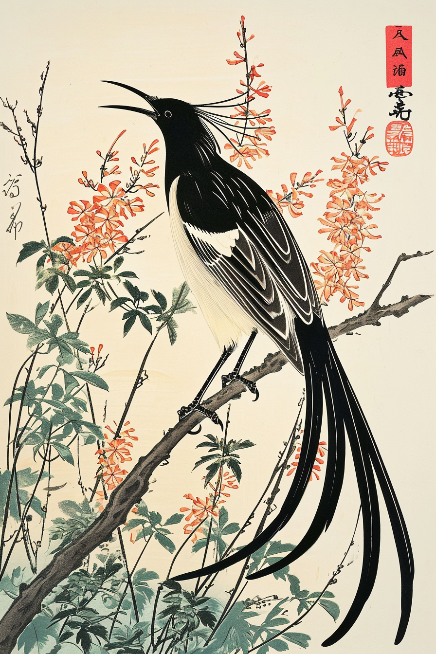 Beautiful Long Tailed Widowbird in Japanese Woodblock Art