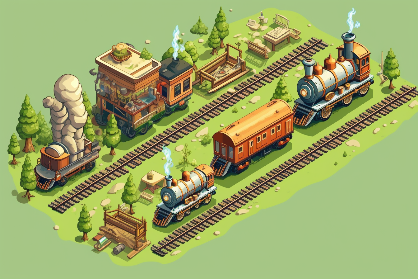 Cartoonish Train with Carriages Isometric View