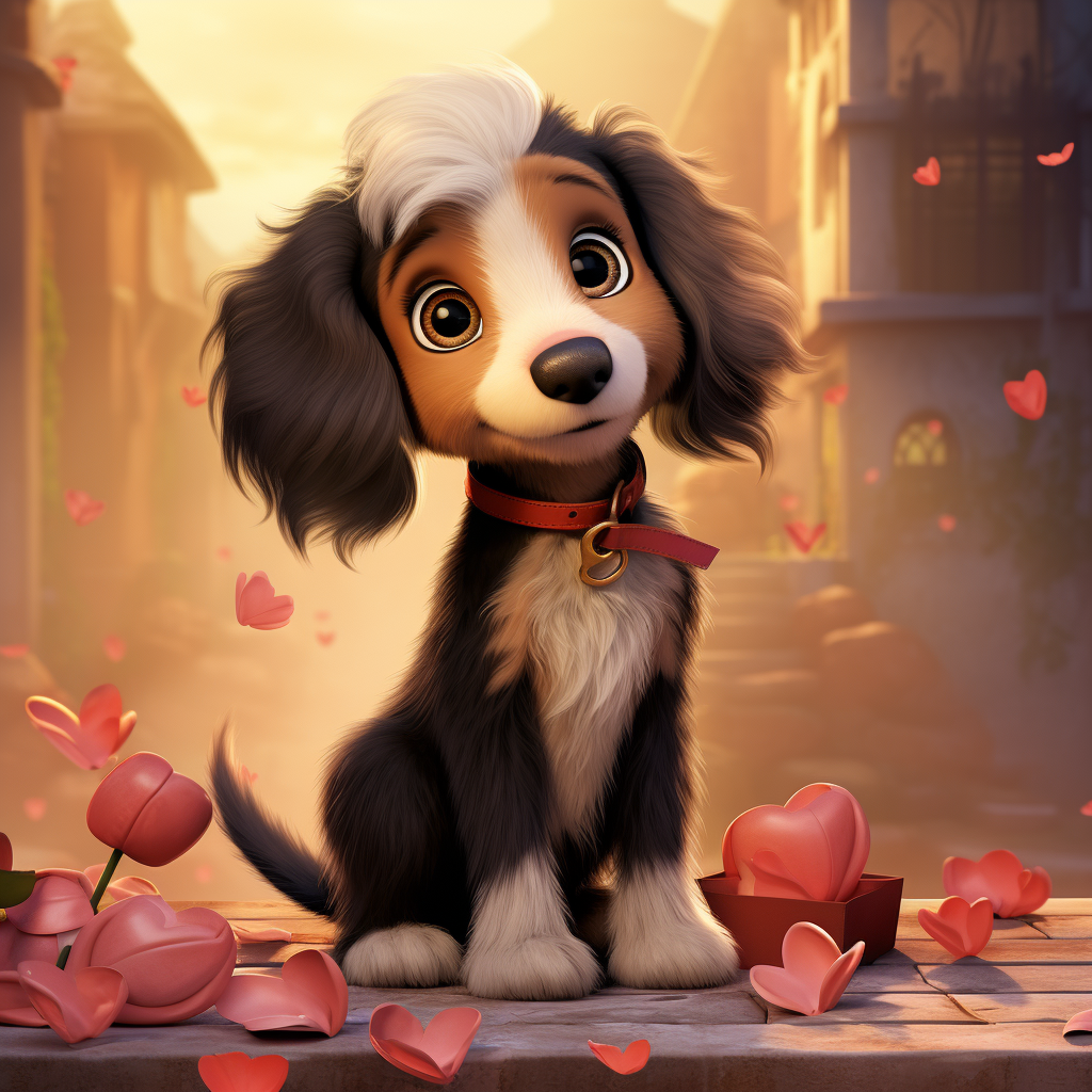 Adorable long hair puppy dachshund in Valentine scene