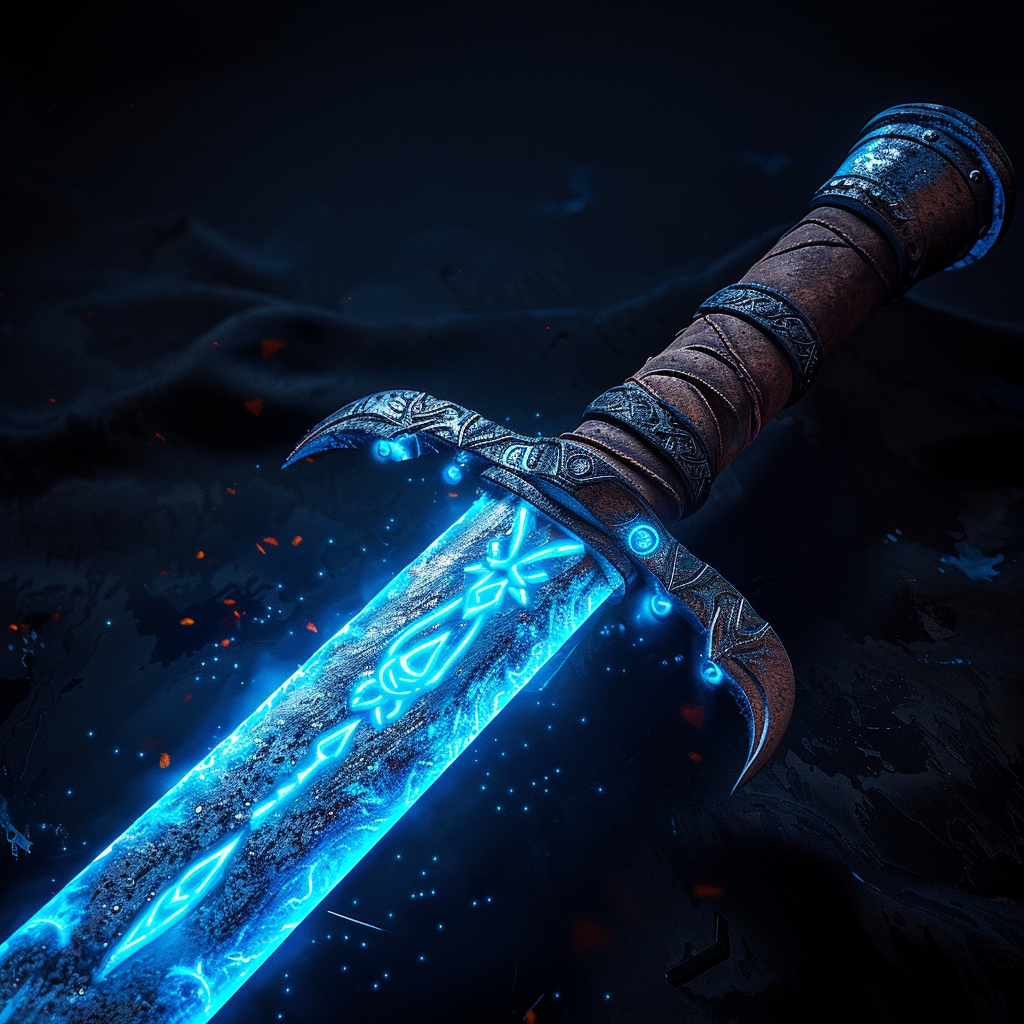 Detailed longsword with leather hilt and blue glowing runes