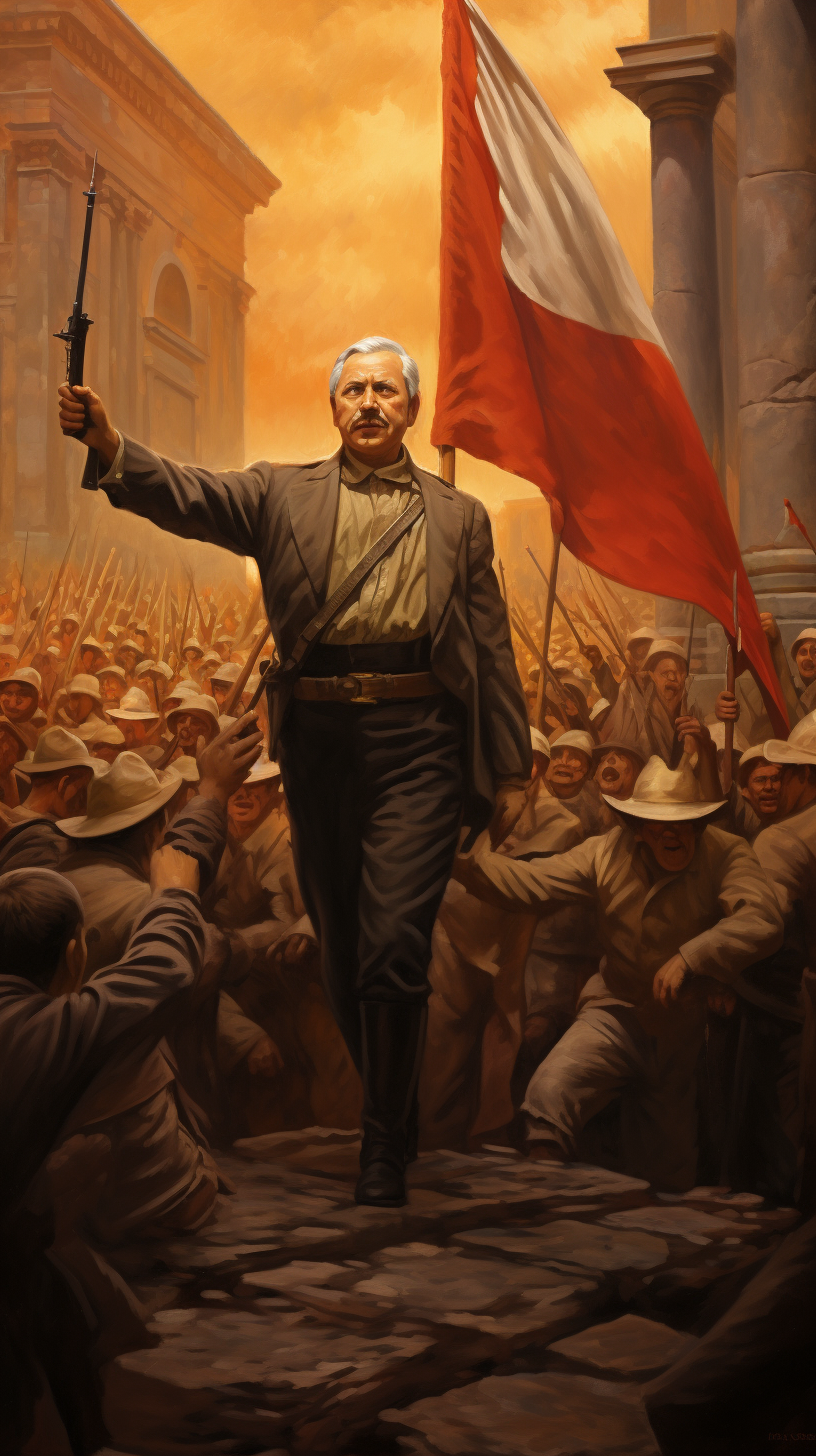 Historical painting of Lopez Obrador leading Mexico's independence charge