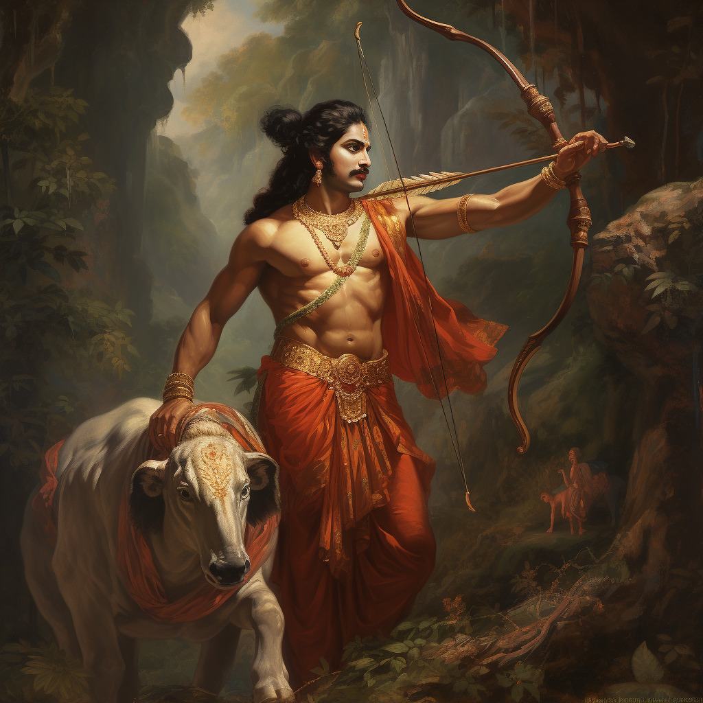 Lord Ram shooting arrow at demon with calmness