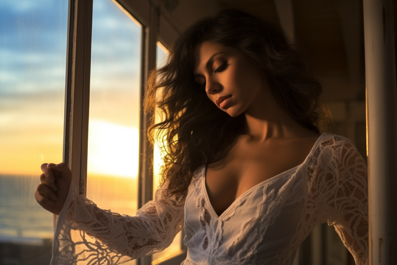 Beautiful Latina in Lace Nightgown at Sunset