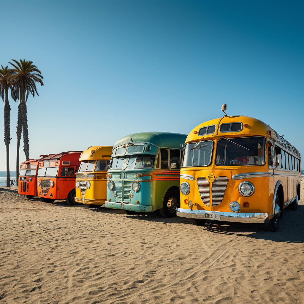 Model buses on Los Angeles beach