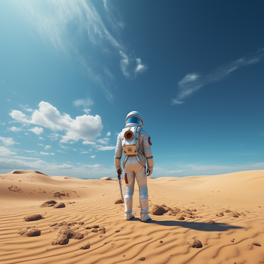 Lost astronaut wandering in surreal desert landscape