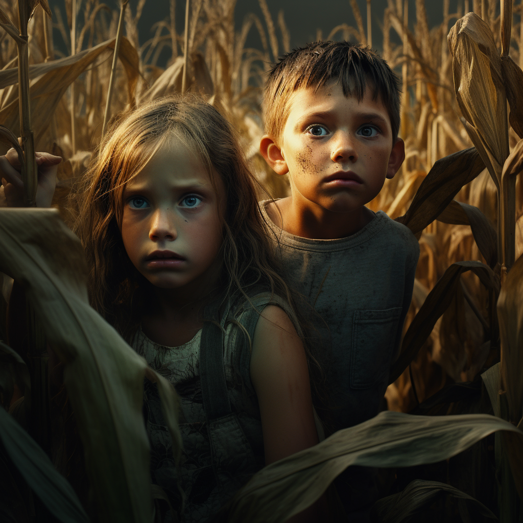 Terrified little boy and girl in cornfield