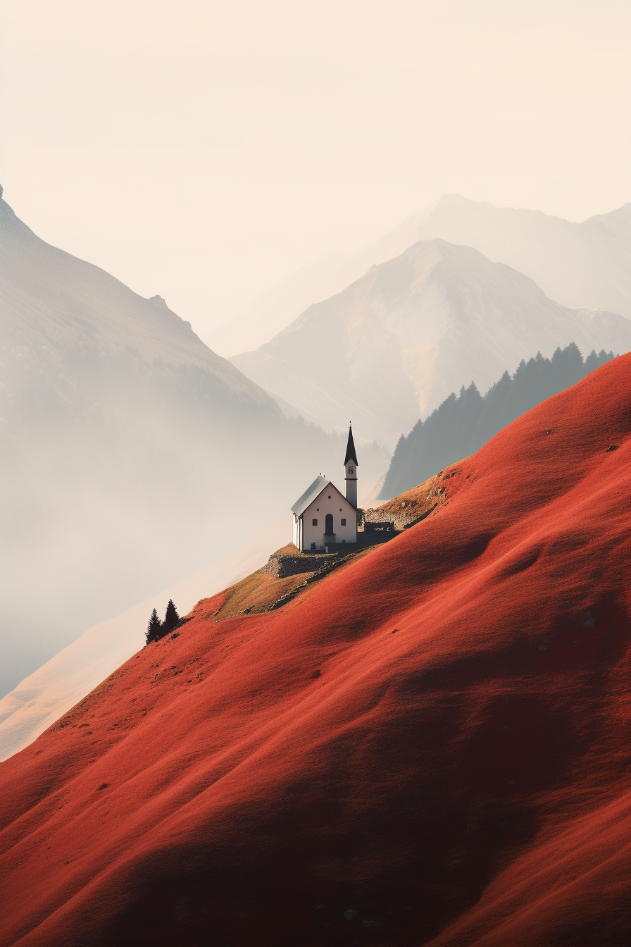 Minimalist poster of lost chapel in the mountains with Santa Maria