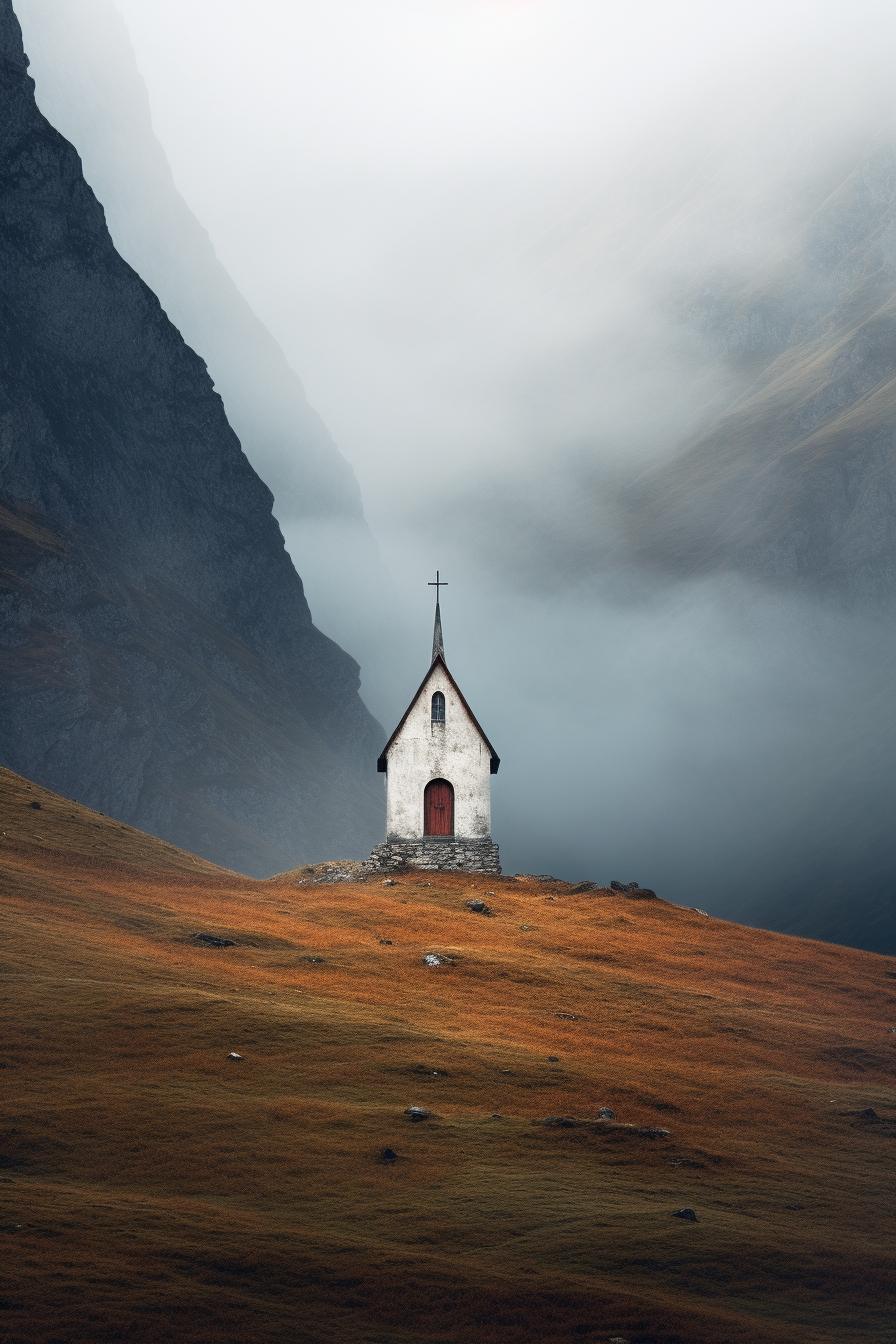 Artistic depiction of a lost chapel in the mountains