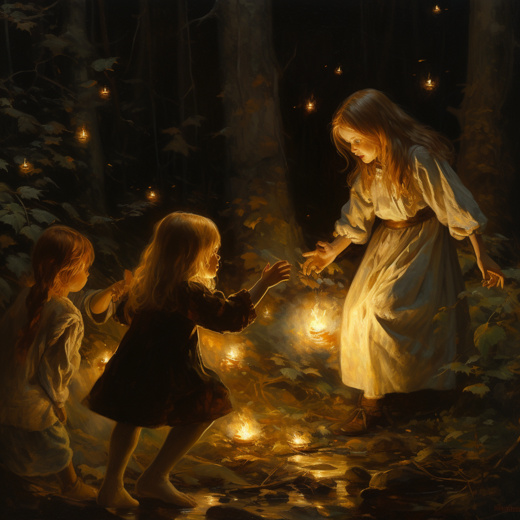 A small girl lost in a dark forest with dancing witches