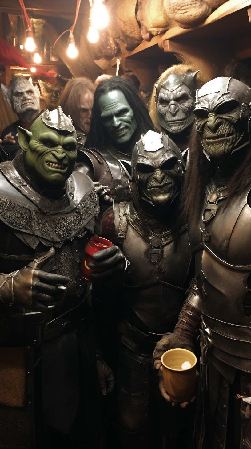 Orcs dressed as superheroes at Halloween party