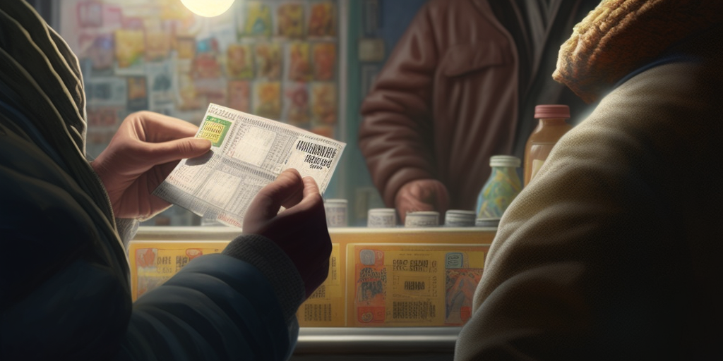 Close-up of lottery ticket being handed in bodega