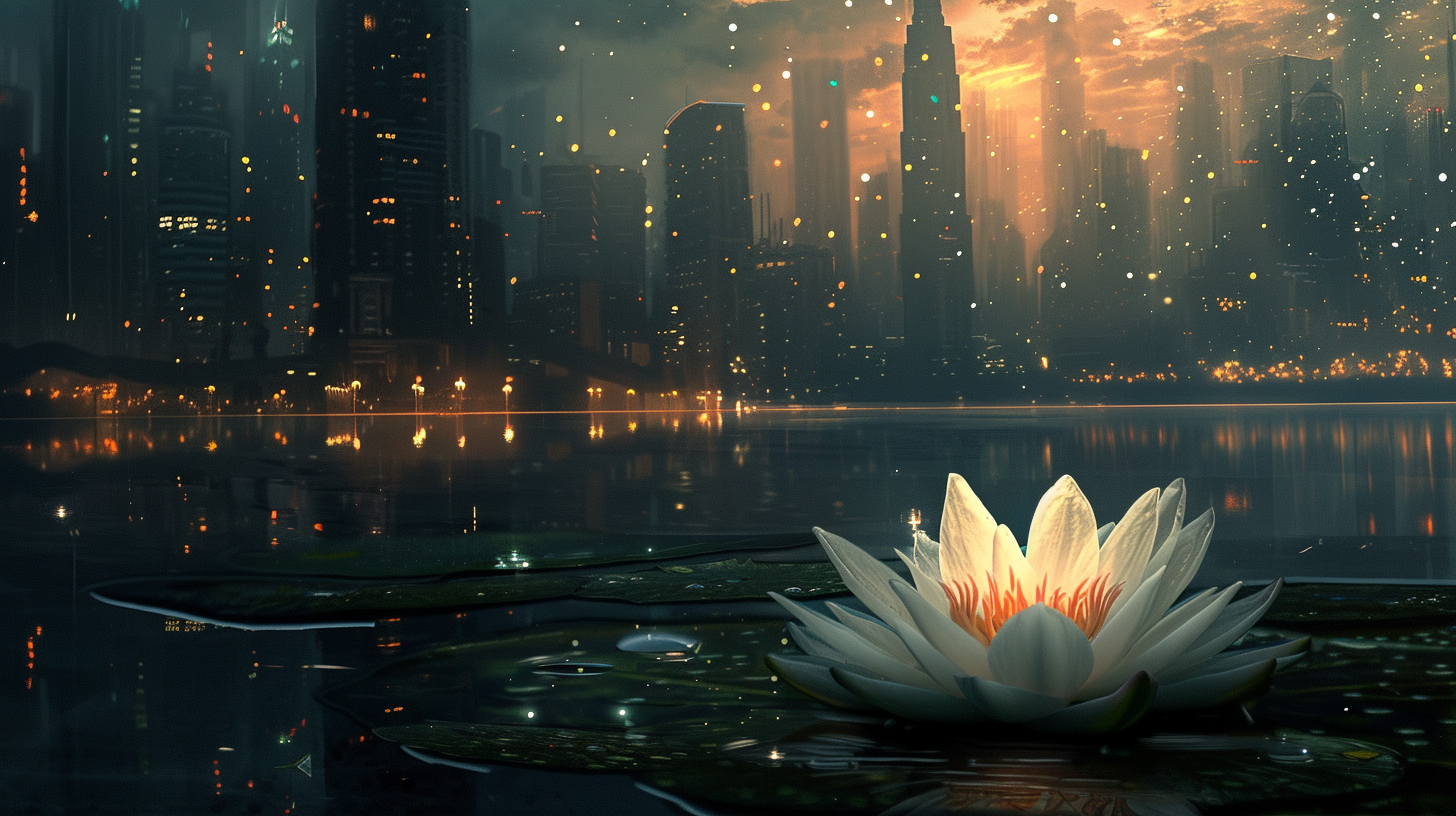 Lotus flower floating on pond with cityscape contrast