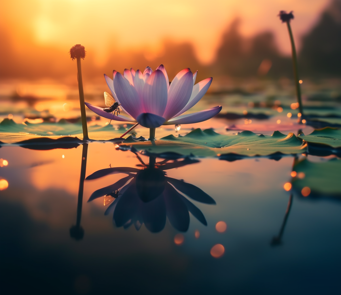 Fully opened lotus flower on calm water