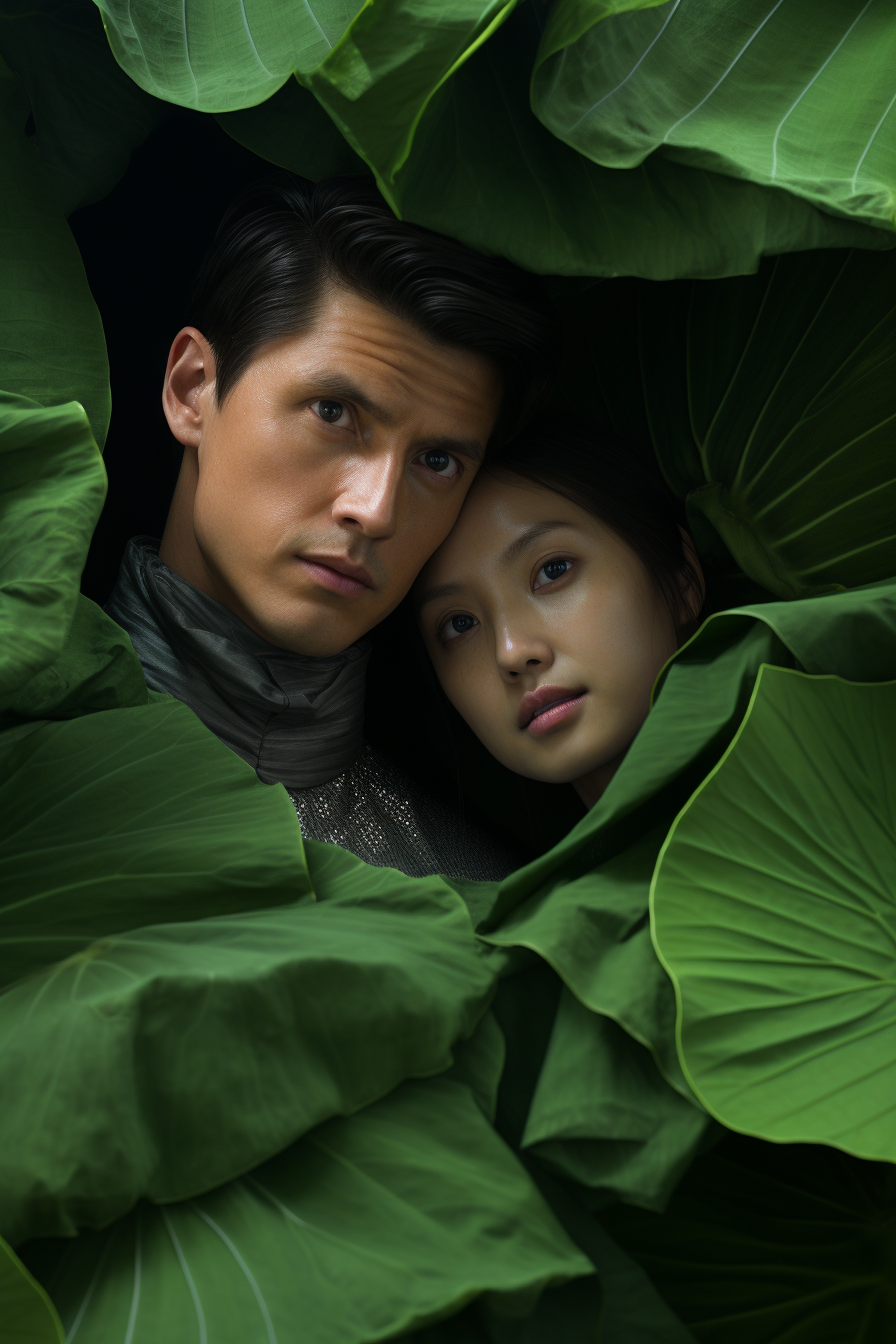 Couple immersed in lotus leaf serenity