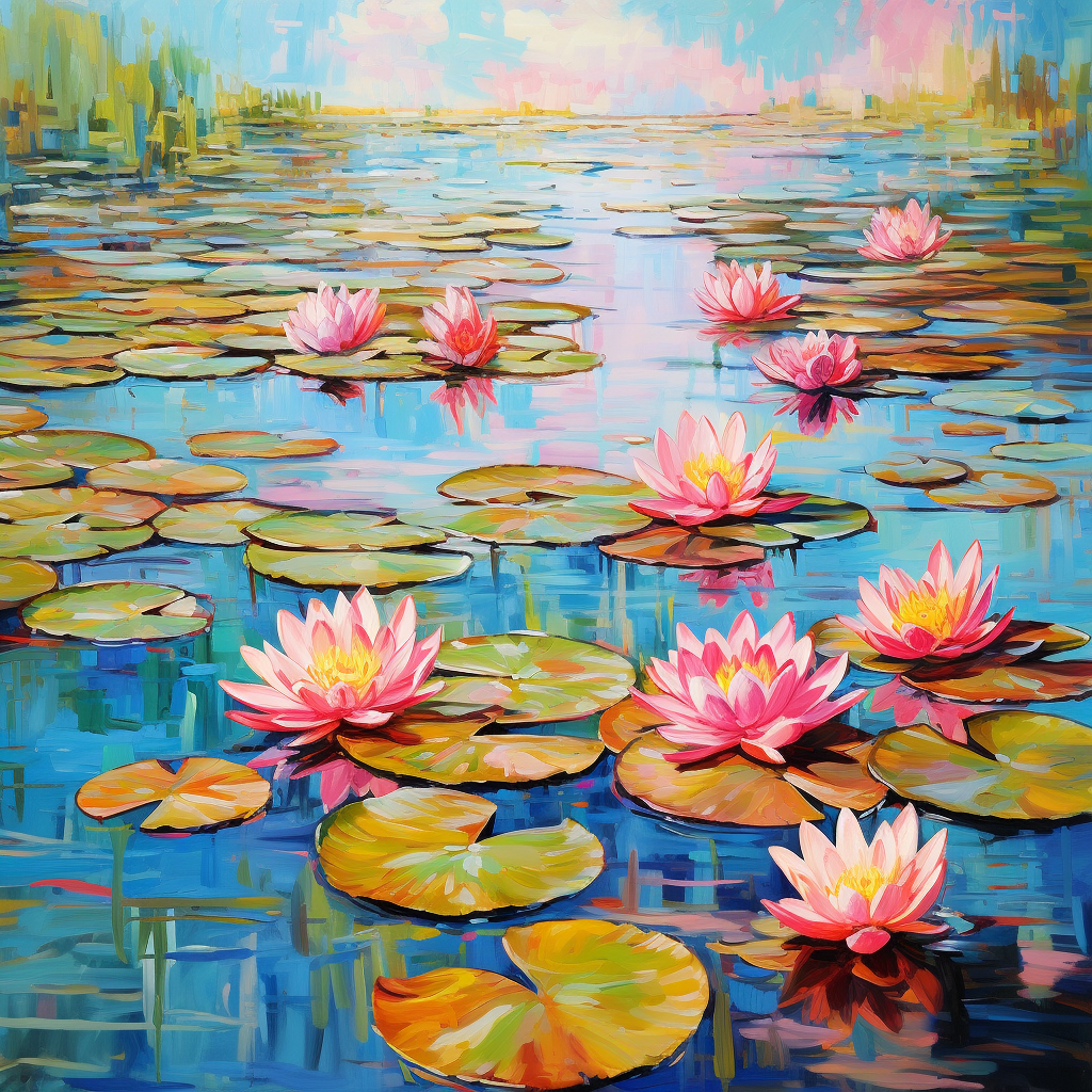 Vivid Monet-style lotus pond