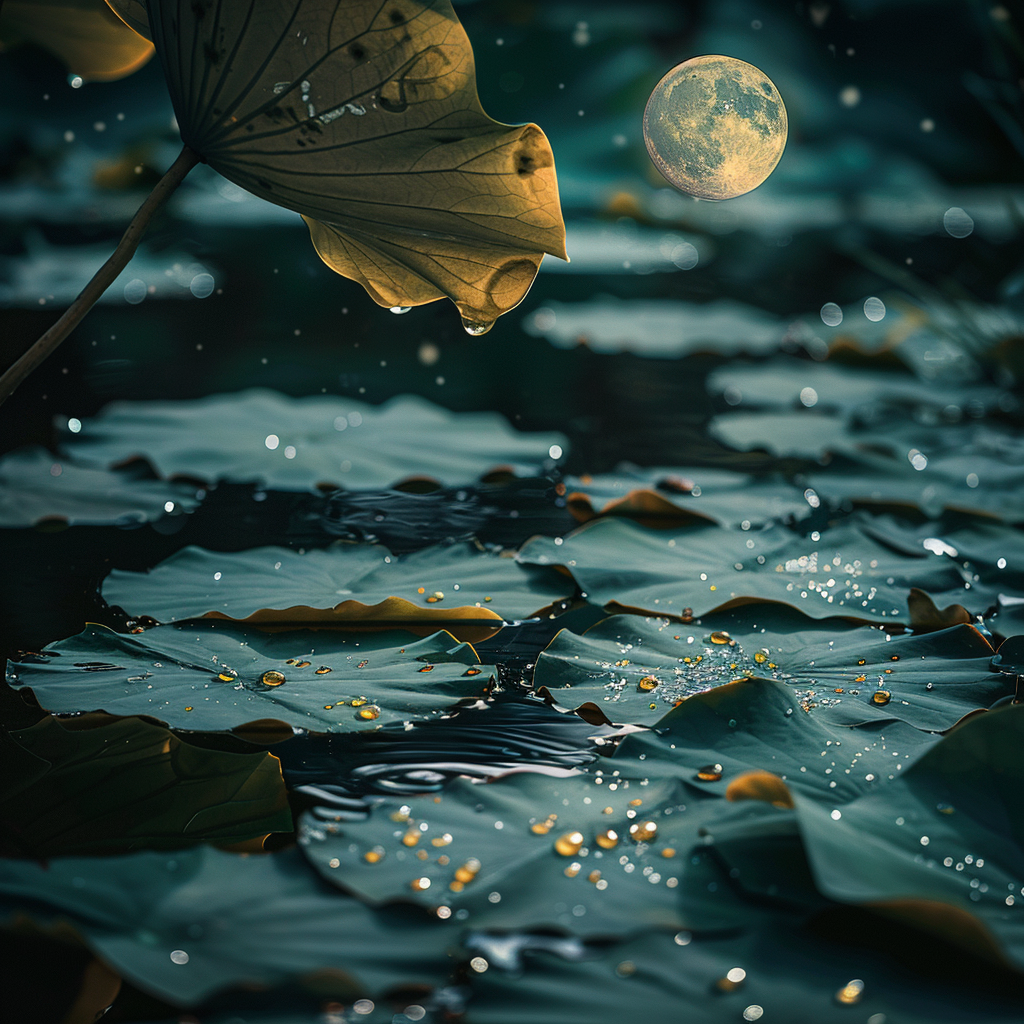 Lotus Pond Night with Moon